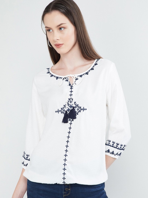 

max Women Navy Blue & White Self Design Embroidered Top