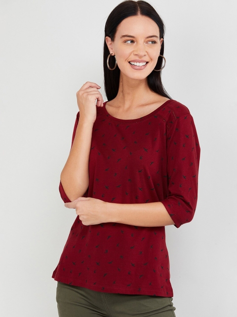 

max Women Maroon Printed Round Neck T-shirt