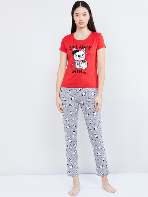 

max Women Red & Grey Printed Night suit