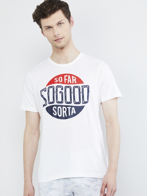 

max Men White Printed Round Neck T-shirt
