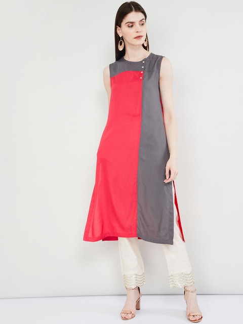 

max Women Coral Colourblocked Straight Kurta