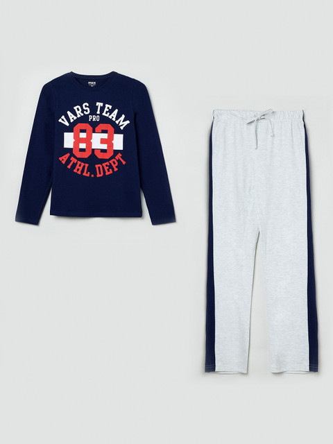 

max Boys Navy Blue & Grey Printed Night suit