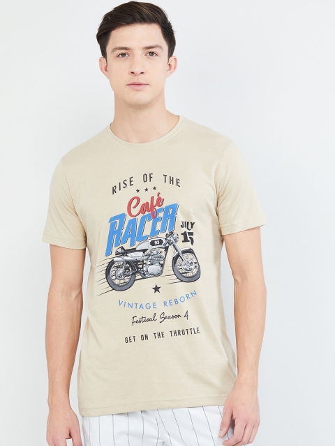 

max Men Beige Printed Round Neck T-shirt