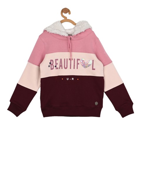 

Stupid Cupid Girls Pink & Cream-Coloured Colourblocked Hooded Sweatshirt