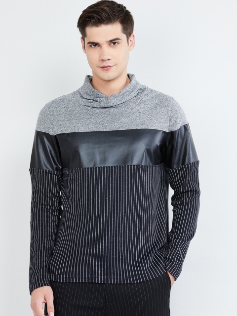 

max Men Black & Grey Colourblocked Cowl Neck T-shirt