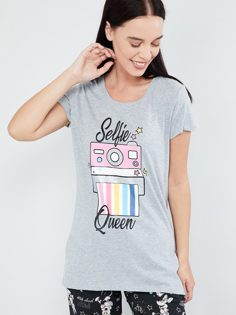 

max Women Grey & Pink Graphic Printed Lounge T-Shirt
