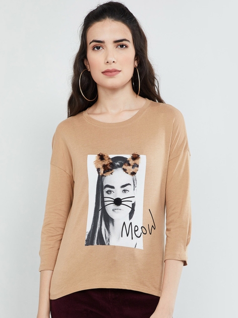 

max Women Camel Brown Printed Round Neck T-shirt