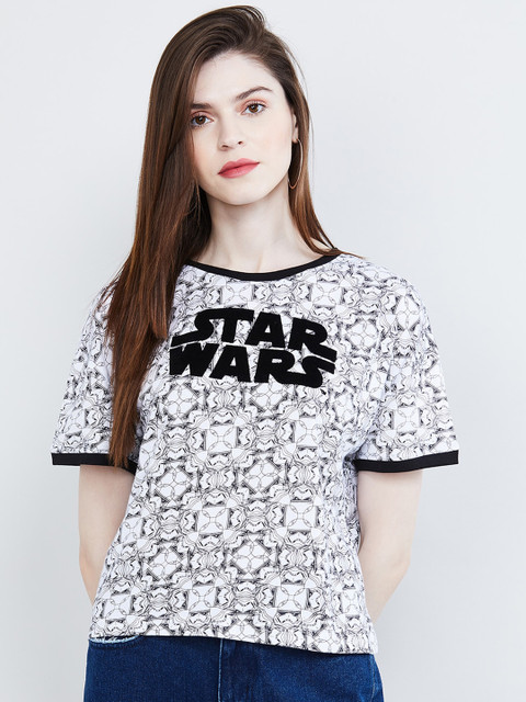 

max Women White & Black Starwars Printed Round Neck T-shirt