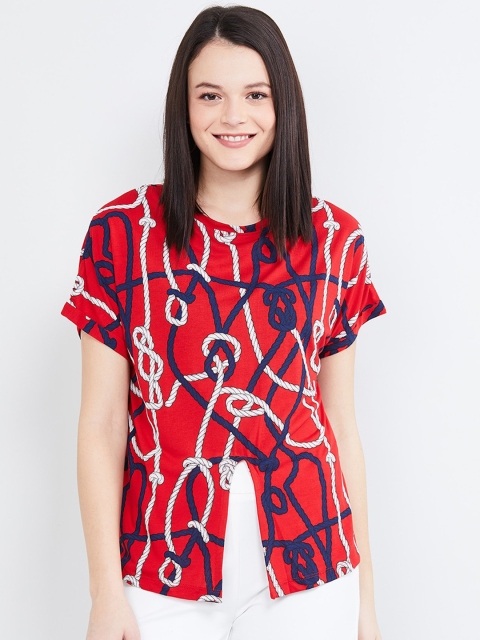 

max Women Red & Navy Blue Printed Round Neck T-shirt