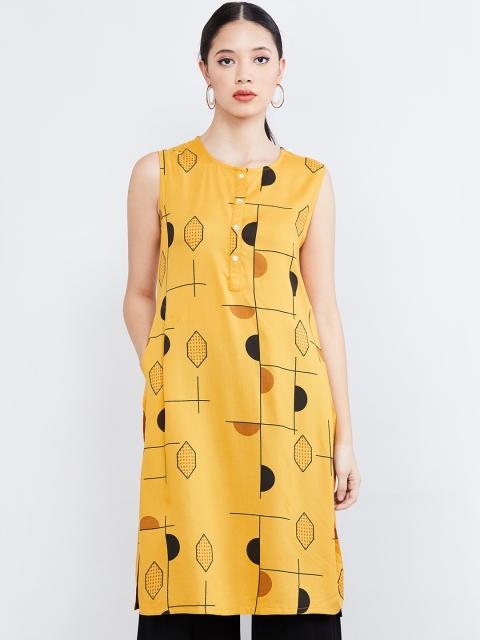 

max Women Mustard Yellow & Black Geometric Print Straight Kurta