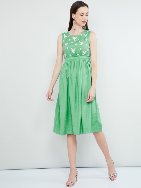 

max Women Green Embroidered Fit and Flare Dress