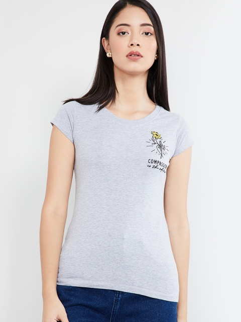 

max Women Grey Solid Round Neck T-shirt