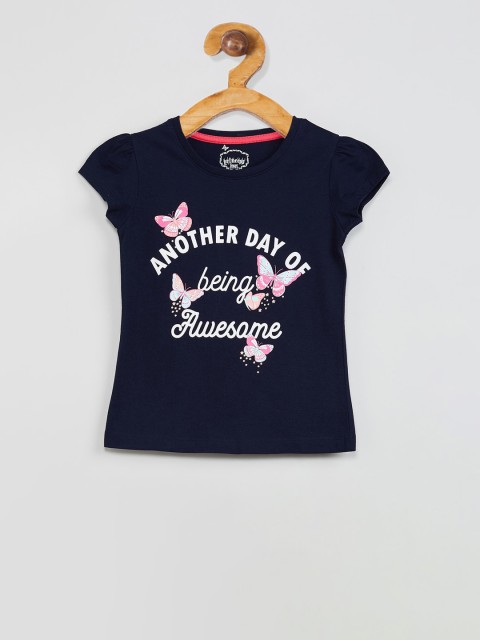 

max Girls Navy Blue Printed Round Neck T-shirt