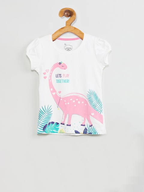 

max Girls White Printed Round Neck T-shirt