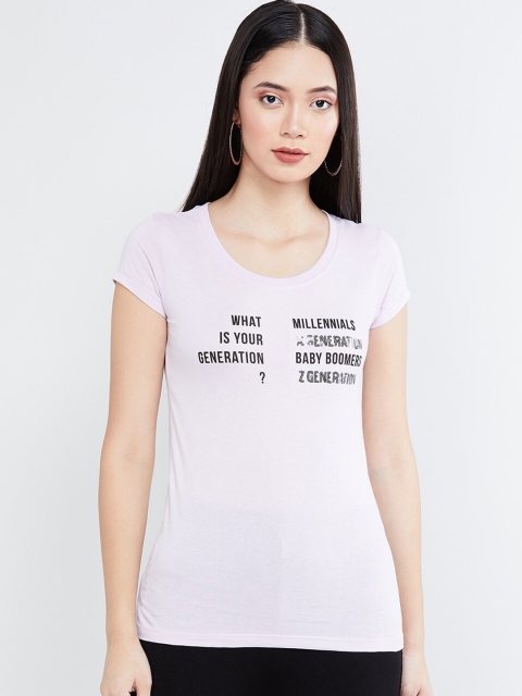 

max Women Lavender Printed Round Neck T-shirt