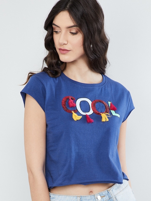

max Women Blue Printed Round Neck Crop T-shirt