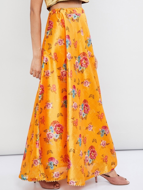 

max Women Mustard Yellow & Pink Printed Flared Maxi Skirt