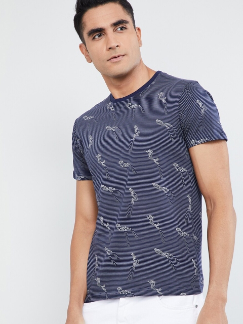 

max Men Blue Printed Round Neck T-shirt