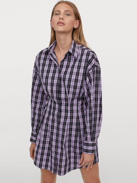 

H&M Women Purple & black Checked Cotton Shirt Dress