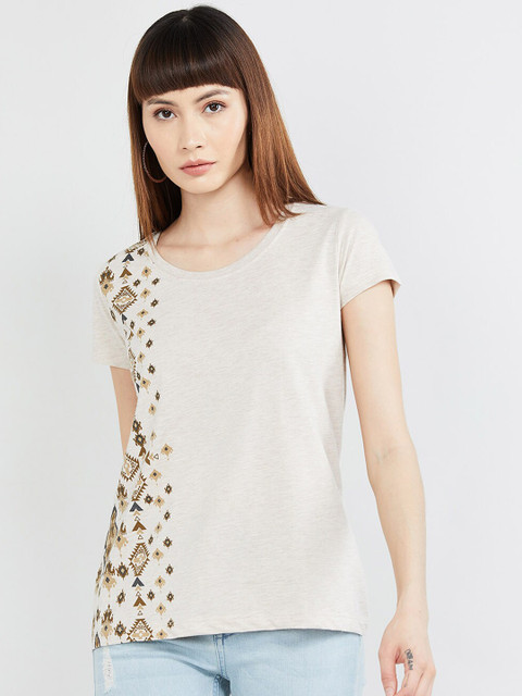 

max Women Beige Printed Round Neck T-shirt