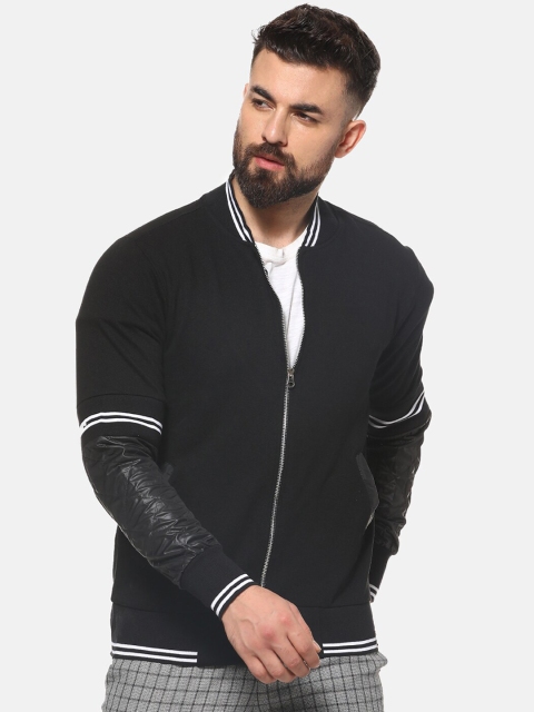 

Campus Sutra Men Black Solid Windcheater Bomber With Leather Patch