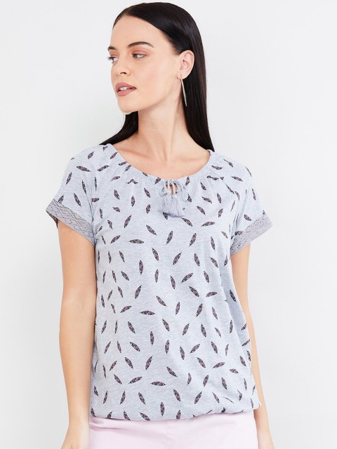 

max Women Grey Melange Printed Pure Cotton Top
