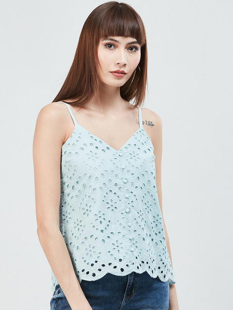 

max Women Blue Self Design Pure Cotton Top