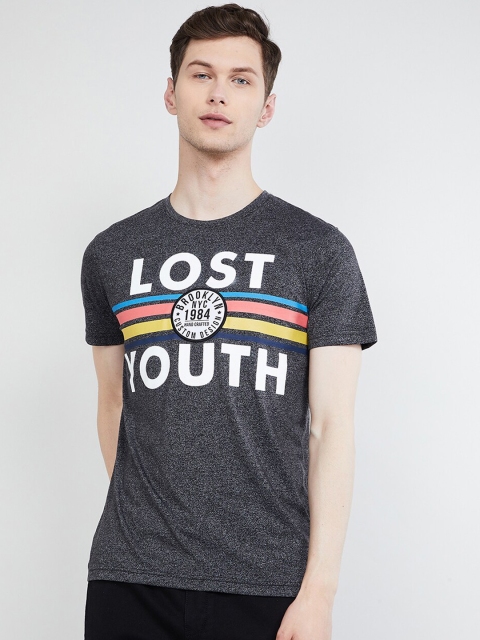 

max Men Grey Printed Round Neck T-shirt