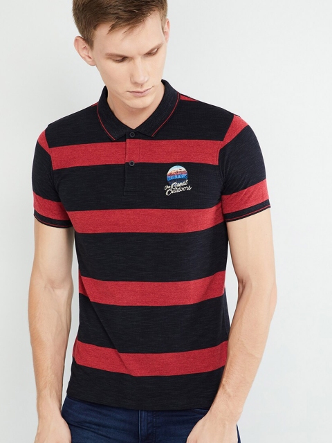 

max Men Red & Black Striped Polo Collar T-shirt
