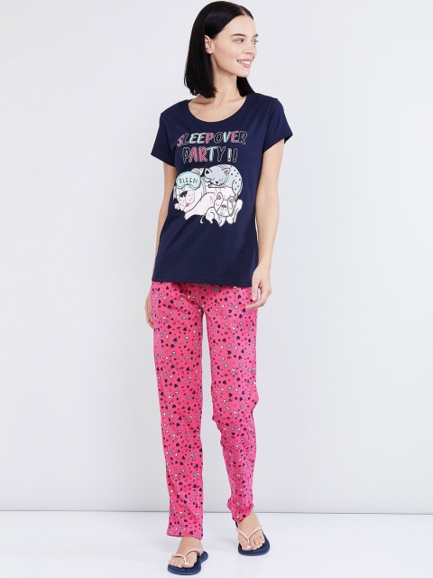 

max Women Navy Blue & Pink Printed Night suit