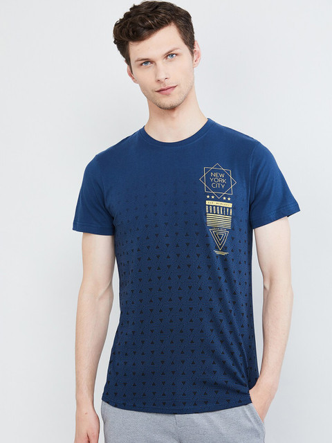 

max Men Blue & Black Printed Round Neck T-shirt