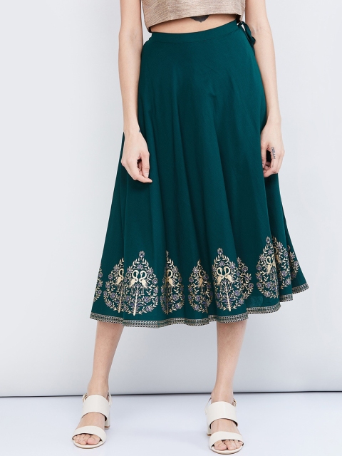 

max Women Green & Gold-Colour Printed Flared Midi A-Line Pure Cotton Skirt