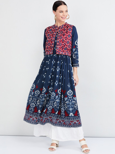 

max Women Navy Blue & Red Printed A-Line Kurta