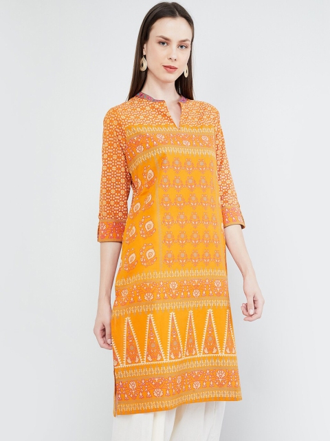 

max Women Mustard Yellow & White Printed Straight Kurta