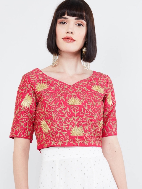 

max Women Pink & Gold-Coloured Floral Embroidered Top