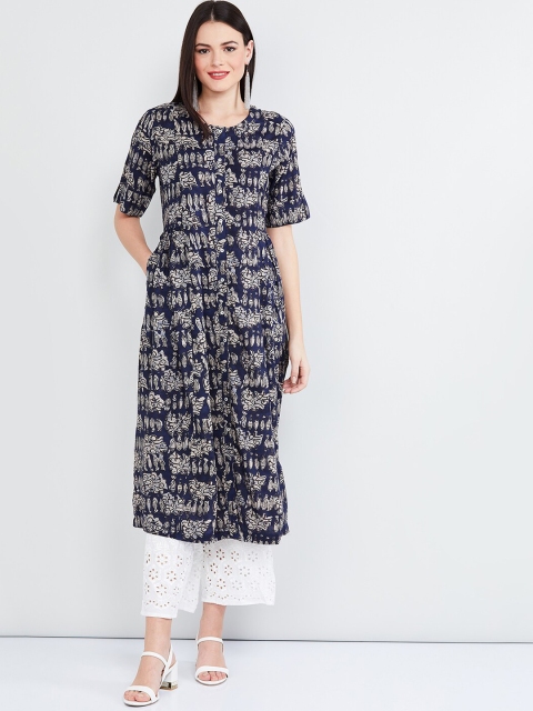 

max Women Navy Blue Printed A-Line Kurta