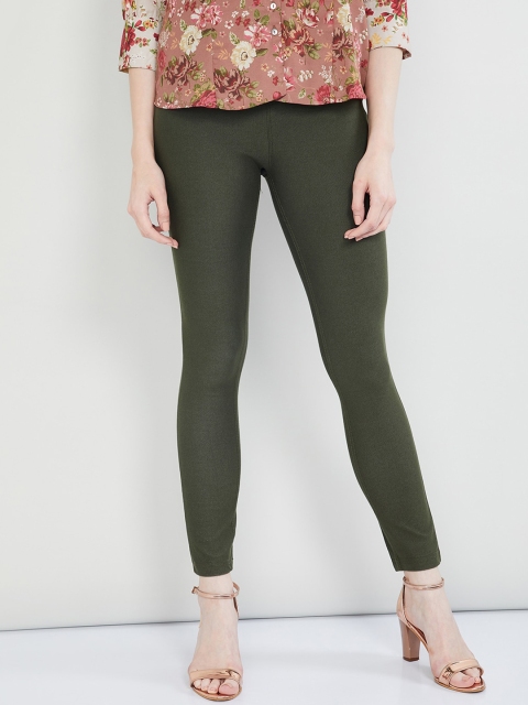 

max Women Green Solid Leggings, Olive