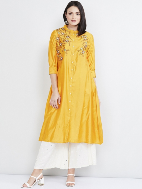 

max Women Yellow Embroidered Straight Kurta