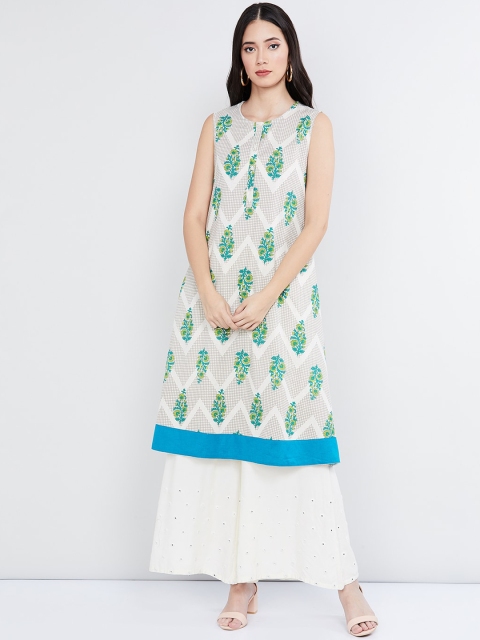 

max Women Off-White & Green Floral Print A-Line Kurta