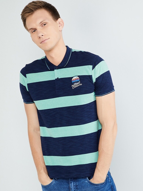 

max Men Navy Blue & Green Striped Polo Collar T-shirt