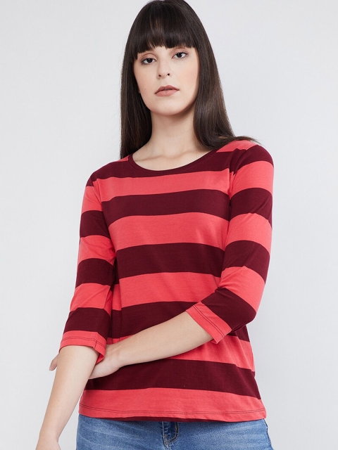 

max Women Coral Red & Marron Striped Round Neck T-shirt