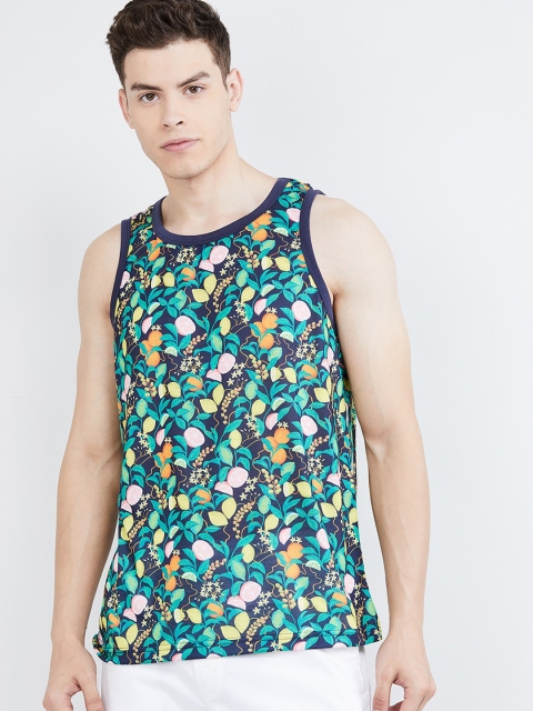 

max Men Navy Blue & Green Printed Round Neck T-shirt