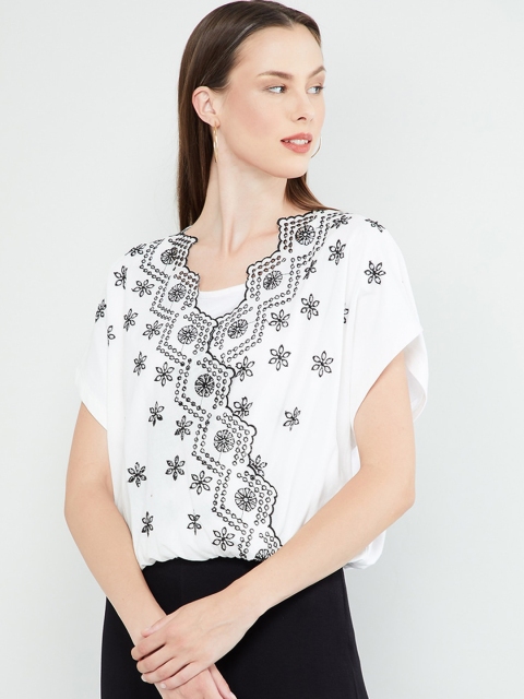 

max Women Cream-Coloured Embroidered Blouson Top