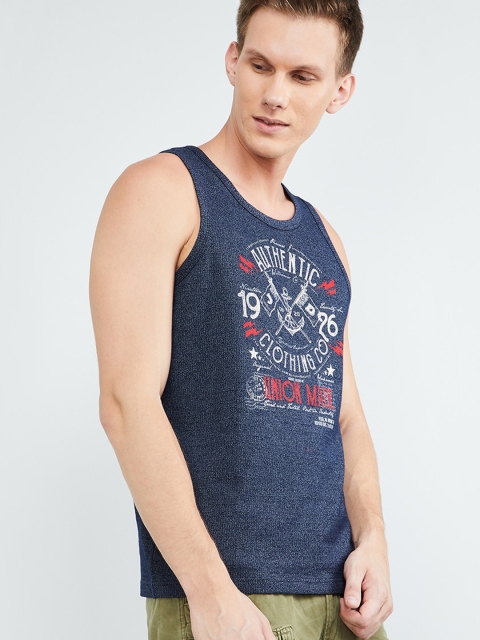 

max Men Blue Printed Round Neck T-shirt