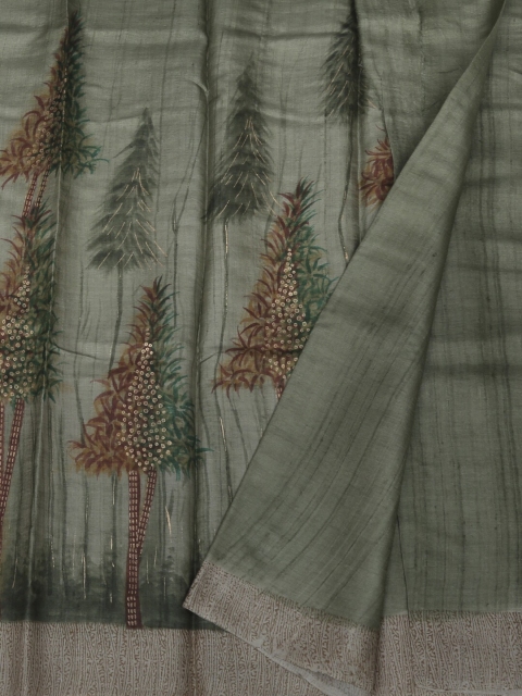 

Pothys Olive Green & Brown Jute Silk Printed Tussar Saree