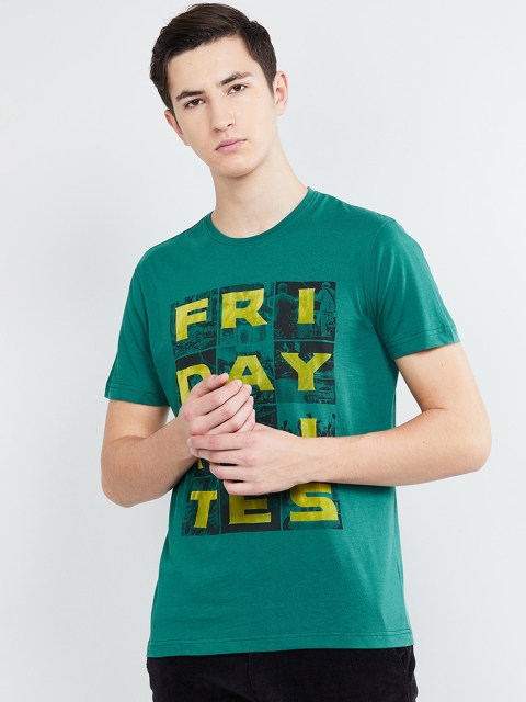

max Men Green & Yellow Printed Round Neck T-shirt