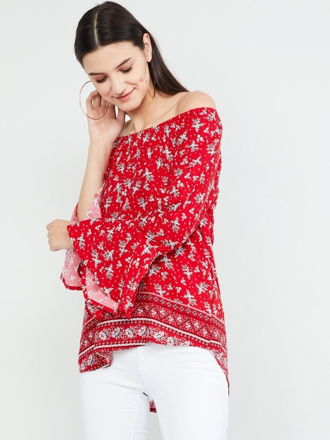 

max Women Red & White Floral Print Off Shoulder High-Low Top