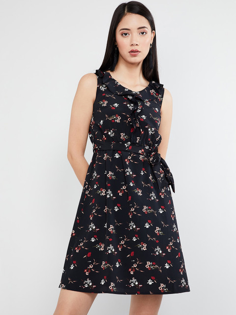 

max Women Black Printed Fit and Flare Dress