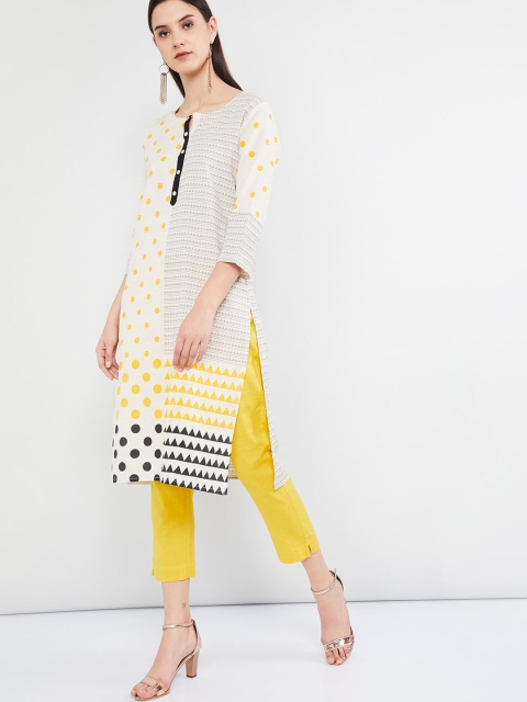 

max Women Off-White & Yellow Printed Straight Kurta
