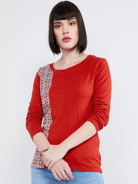 

max Women Rust Red Printed Round Neck T-shirt